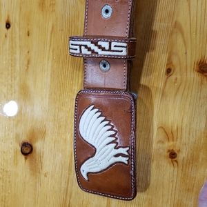 Vintage tooled leather Aztec inspired western belt